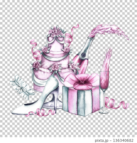 A festive cake with pink champagne, a gift, and a bride's shoe. Hand-drawn watercolor illustration. Perfect for weddings and bachelorettes, invitation and greeting cards, banners, and posters. 136340682