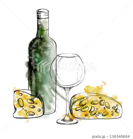 Wine bottle, balloon glass with cheese wedges still life in ink outline and watercolor wet wash. Isolated illustration hand drawn for gourmet branding, menus, tasting events, winery invitations. Wine bottle, balloon glass with cheese wedges still life in ink outline and watercolor wet wash. Isolated illustration hand drawn for gourmet branding, menus, tasting events, winery invitations. 136340684
