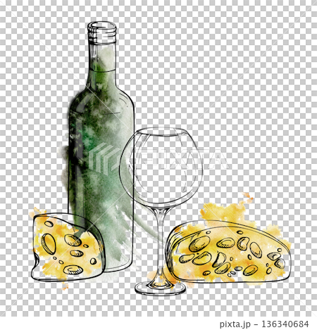 Wine bottle, balloon glass with cheese wedges still life in ink outline and watercolor wet wash. Isolated illustration hand drawn for gourmet branding, menus, tasting events, winery invitations. Wine bottle, balloon glass with cheese wedges still life in ink outline and watercolor wet wash. Isolated illustration hand drawn for gourmet branding, menus, tasting events, winery invitations. 136340684