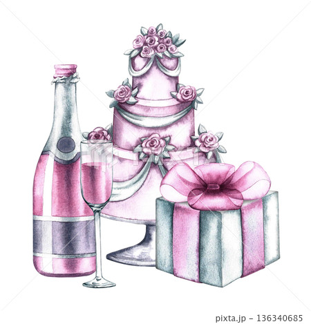 Festive pink cake with champagne and a gift. Hand-drawn watercolor illustration. Perfect for weddings, birthdays, anniversaries, invitation and greeting cards, banners and posters, menus, and flyers. Festive pink cake with champagne and a gift. Hand-drawn watercolor illustration. Perfect for weddings, birthdays, anniversaries, invitation and greeting cards, banners and posters, menus, and flyers. 136340685