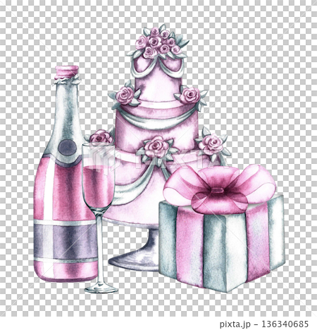 Festive pink cake with champagne and a gift. Hand-drawn watercolor illustration. Perfect for weddings, birthdays, anniversaries, invitation and greeting cards, banners and posters, menus, and flyers. Festive pink cake with champagne and a gift. Hand-drawn watercolor illustration. Perfect for weddings, birthdays, anniversaries, invitation and greeting cards, banners and posters, menus, and flyers. 136340685