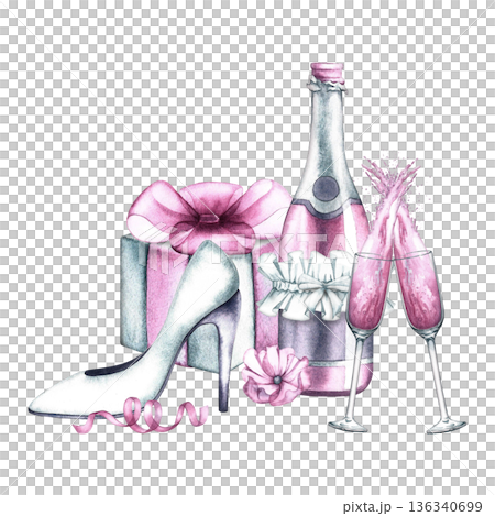 Pink champagne, gift and bride's shoe. Hand-drawn watercolor illustration. Perfect for weddings and hen parties, invitation and greeting cards, banners and posters. Pink champagne, gift and bride's shoe. Hand-drawn watercolor illustration. Perfect for weddings and hen parties, invitation and greeting cards, banners and posters. 136340699