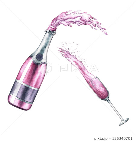 Bottle and glass of spilling pink champagne. Hand-drawn watercolor illustration. Perfect for weddings, birthdays, anniversaries, invitation and greeting cards, banners and posters, menus and flyers. Bottle and glass of spilling pink champagne. Hand-drawn watercolor illustration. Perfect for weddings, birthdays, anniversaries, invitation and greeting cards, banners and posters, menus and flyers. 136340701