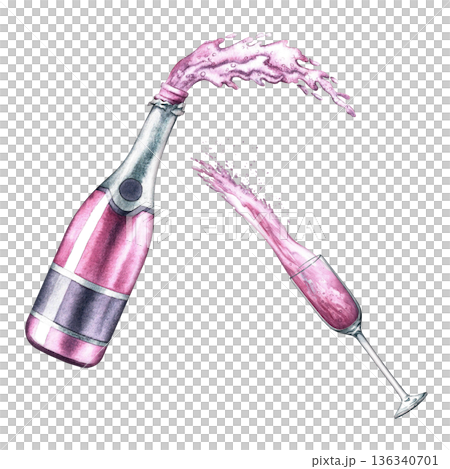Bottle and glass of spilling pink champagne. Hand-drawn watercolor illustration. Perfect for weddings, birthdays, anniversaries, invitation and greeting cards, banners and posters, menus and flyers. Bottle and glass of spilling pink champagne. Hand-drawn watercolor illustration. Perfect for weddings, birthdays, anniversaries, invitation and greeting cards, banners and posters, menus and flyers. 136340701
