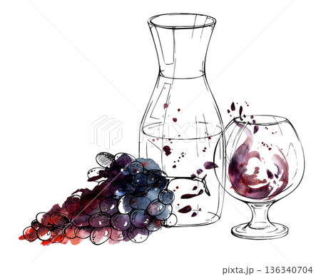 Wine or juice decanter, balloon glass with liquid watercolor splash, grape bunch cluster ink silhouette. Isolated illustration hand drawn for drink menus, wine club invitations, gourmet publications Wine or juice decanter, balloon glass with liquid watercolor splash, grape bunch cluster ink silhouette. Isolated illustration hand drawn for drink menus, wine club invitations, gourmet publications 136340704