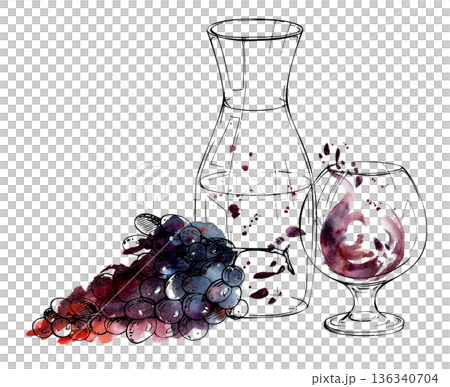 Wine or juice decanter, balloon glass with liquid watercolor splash, grape bunch cluster ink silhouette. Isolated illustration hand drawn for drink menus, wine club invitations, gourmet publications 136340704