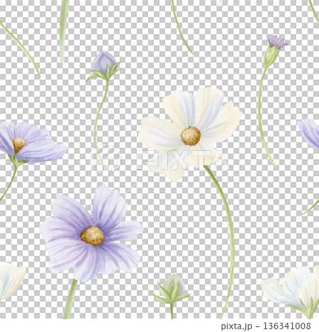 Simple spring floral seamless pattern with wildflowers. Pastel purple and white cosmos flowers watercolor illustration. Blooming plants for spring or summer wedding designs. Elegant floral wallpaper Simple spring floral seamless pattern with wildflowers. Pastel purple and white cosmos flowers watercolor illustration. Blooming plants for spring or summer wedding designs. Elegant floral wallpaper 136341008