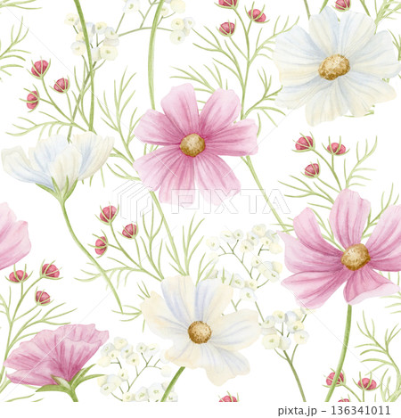 Watercolor wildflowers seamless pattern. Field flowers hand drawn repeat background with pastel pink and white cosmos plants. Spring blooming meadow illustration for delicate wallpaper Watercolor wildflowers seamless pattern. Field flowers hand drawn repeat background with pastel pink and white cosmos plants. Spring blooming meadow illustration for delicate wallpaper 136341011