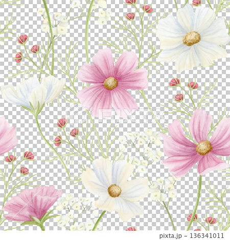 Watercolor wildflowers seamless pattern. Field flowers hand drawn repeat background with pastel pink and white cosmos plants. Spring blooming meadow illustration for delicate wallpaper Watercolor wildflowers seamless pattern. Field flowers hand drawn repeat background with pastel pink and white cosmos plants. Spring blooming meadow illustration for delicate wallpaper 136341011