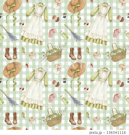 Watercolor Seamless Pattern with vintage rustic home elements. Background for cottagecore style 136341118