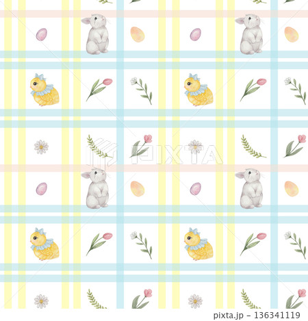 Watercolor Easter Pattern with vintage chicks and bunny. Background for cottagecore style, for children design 136341119