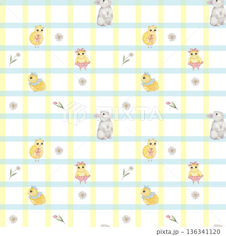 Watercolor Easter Pattern with vintage chicks and bunny. Background for cottagecore style, for children design Watercolor Easter Pattern with vintage chicks and bunny. Background for cottagecore style, for children design 136341120