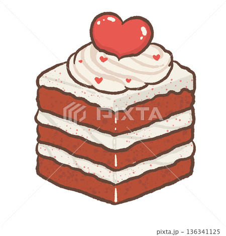 Cute Heart Shaped Red Velvet Cake Illustration with Cream Layers and Heart Topping in Kawaii Hand Drawn Valentine Dessert Style 136341125