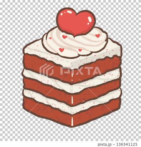 Cute Heart Shaped Red Velvet Cake Illustration with Cream Layers and Heart Topping in Kawaii Hand Drawn Valentine Dessert Style 136341125