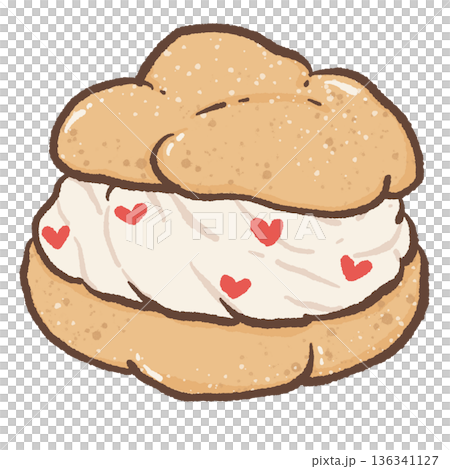 Cute Cream Puff Sandwich Illustration with Heart Pattern Cream Filling in Kawaii Hand Drawn Valentine Bakery Style 136341127