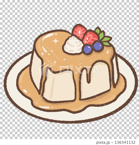 Cute Custard Dessert Illustration with Cream Sauce and Fresh Berries in Kawaii Hand Drawn Valentine Sweet Style 136341132