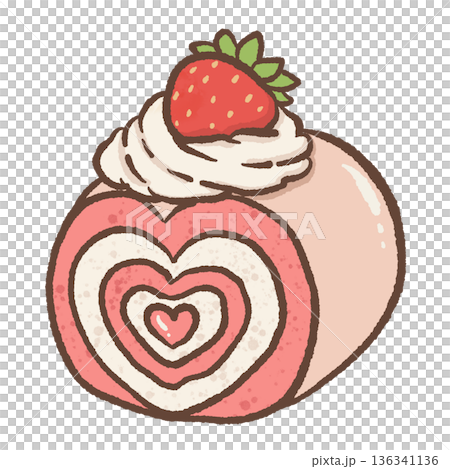Cute Strawberry Roll Cake Illustration with Heart Pattern and Whipped Cream in Kawaii Hand Drawn Valentine Dessert Style 136341136