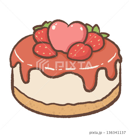 Cute Strawberry Cake Illustration with Heart Decoration and Dripping Glaze in Kawaii Hand Drawn Valentine Dessert Style 136341137