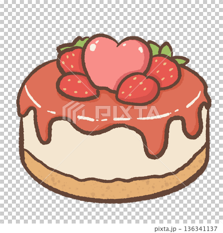 Cute Strawberry Cake Illustration with Heart Decoration and Dripping Glaze in Kawaii Hand Drawn Valentine Dessert Style 136341137