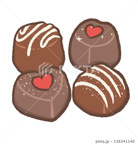 Cute Valentine Chocolate Pralines Illustration with Heart Details and Drizzled Toppings in Kawaii Hand Drawn Sweet Candy Style 136341140