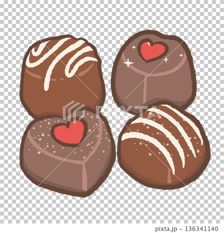 Cute Valentine Chocolate Pralines Illustration with Heart Details and Drizzled Toppings in Kawaii Hand Drawn Sweet Candy Style 136341140