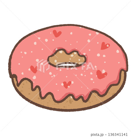 Cute Valentine Heart Donut Illustration with Pink Icing Sprinkles and Love Hearts in Kawaii Hand Drawn Sweet Dessert Style 136341141