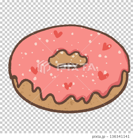 Cute Valentine Heart Donut Illustration with Pink Icing Sprinkles and Love Hearts in Kawaii Hand Drawn Sweet Dessert Style 136341141