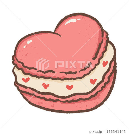 Cute Heart Shaped Macaron Illustration with Cream Filling in Kawaii Hand Drawn Valentine Dessert Style 136341143