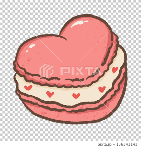 Cute Heart Shaped Macaron Illustration with Cream Filling in Kawaii Hand Drawn Valentine Dessert Style 136341143