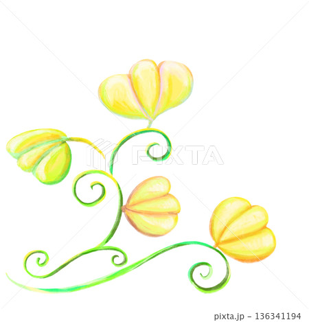 Simple artistic flowers and green swirled stems decoration illustration 136341194