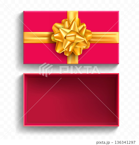 Red gift box mockup with yellow golden bow 136341297