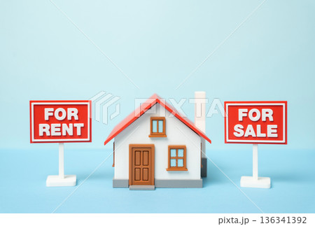 Buy or rent a house. Sell the house or rent it out for regular income. Property decision concept shows investment strategy, housing market choice, and income planning 136341392