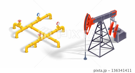 Oil pumpjack station, oil pipeline. White background. Oil pumpjack station, oil pipeline. White background. 136341411