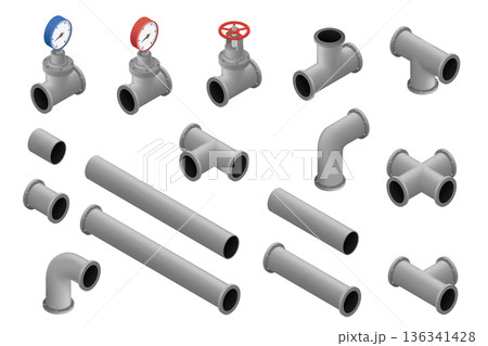 Pipes and fittings with a valve, tap and faucet for water 136341428