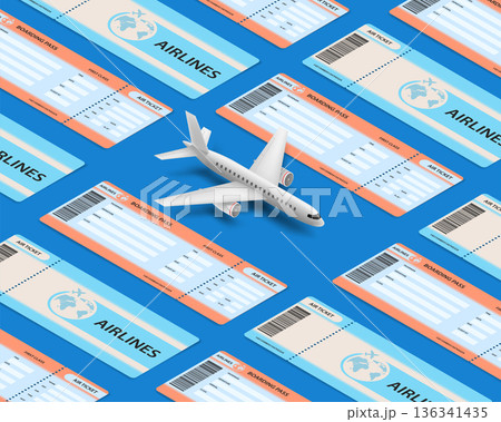 Airplane model among many airline tickets 136341435