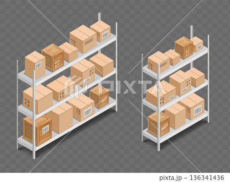 Cardboard boxes on the shelves of the rack. 136341436