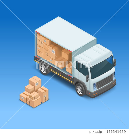 Delivery van with cardboard boxes Delivery van with cardboard boxes 136341439
