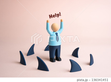 Businessman surrounded by shark fins. Taxes, inflation and economic problems are putting pressure on businesses. Risk environment. Financial survival and defensive strategy in turbulent markets. Businessman surrounded by shark fins. Taxes, inflation and economic problems are putting pressure on businesses. Risk environment. Financial survival and defensive strategy in turbulent markets. 136341451