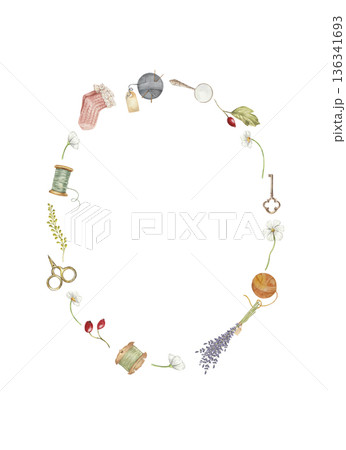 Vitage Cottagecore Frame with hand drawn sewing notions and floral bundle 136341693