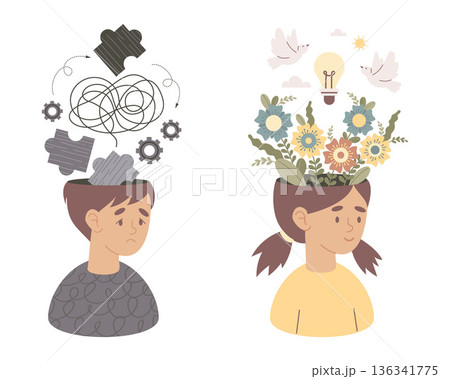 Mental Health Contrast. Young Man with Tangled Thoughts and Gears vs Girl with Blooming Flowers, White Doves Peace and Lightbulb Idea. Vector Flat Illustration for Empathy and Support Concept. Not AI 136341775