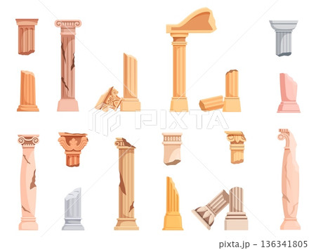 Cartoon broken column. Greek roman ancient pillars, ruins of antique temple, palace, gates arches. Classical architecture elements, historical ruin, sapid vector set Cartoon broken column. Greek roman ancient pillars, ruins of antique temple, palace, gates arches. Classical architecture elements, historical ruin, sapid vector set 136341805