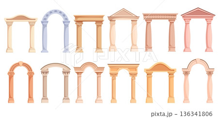 Cartoon ancient roman arches. Stone arch for gate or temple, antique palace entrance decoration. Stone medieval architecture elements, sapid vector clipart 136341806