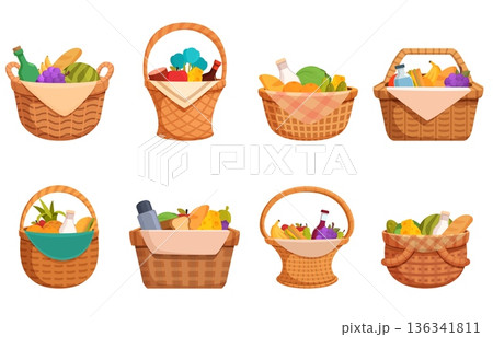 Picnic basket. Cartoon wicker baskets with different food for eating outdoor. Vegetables, fruits, wine milk bottle, bread, cheese and water. Camper snacks, sapid vector set 136341811