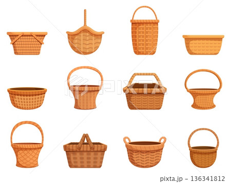 Basket clipart. Rural wicker baskets from twigs, decorative empty containers for easter, picnic, food. Household decorative elements, sapid vector set 136341812