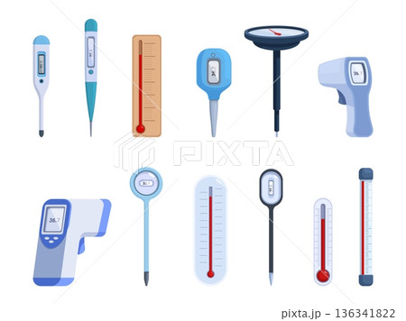 Cartoon thermometers. Different thermometer types. Measure temperature equipment for medicine, cooking, industrial, weather, sapid vector set Cartoon thermometers. Different thermometer types. Measure temperature equipment for medicine, cooking, industrial, weather, sapid vector set 136341822