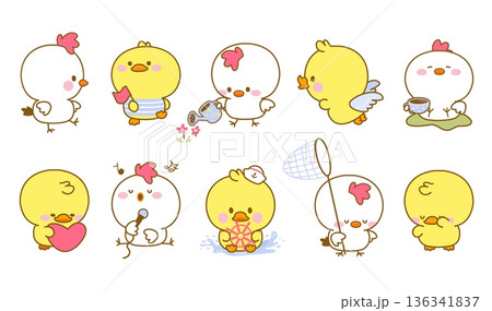 Kawaii chicken and ducklings. Funny chick, duckling different poses. Little farm birds watering, flying, walking. Easter characters, adorable nowaday vector set Kawaii chicken and ducklings. Funny chick, duckling different poses. Little farm birds watering, flying, walking. Easter characters, adorable nowaday vector set 136341837