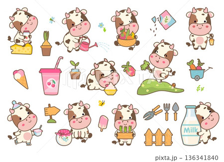 Farm kawaii cows. Funny cow and dairy products, farming elements. Cartoon animals with plants, seeds. Milk bottle, ice and sour cream. Children mascots, nowaday vector stickers 136341840