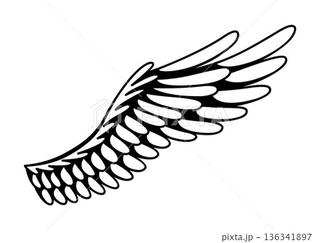 Wings sketch. Stylized birds wings. Hand drawn contoured stiker wing in open position. Vector design elements in coloring style 136341897