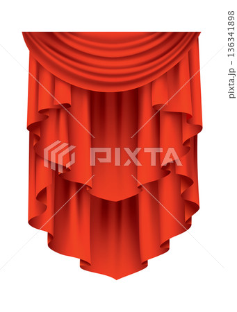 Red curtains realistic. Theater fabric silk decoration for movie cinema or opera hall. Curtains and draperies interior decoration object. Isolated on transparent for theater stage 136341898