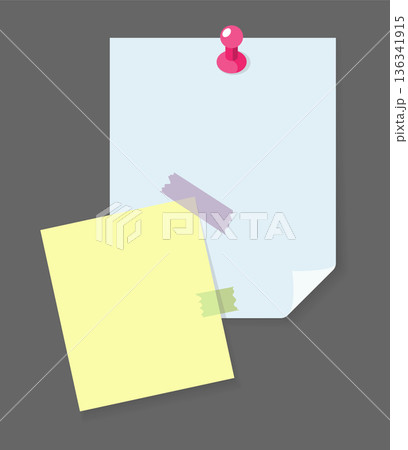 Paper notes stickers. Place for memo messages on paper sheets. Attached with sticky colorful tape on grey background isolated vector illustration Paper notes stickers. Place for memo messages on paper sheets. Attached with sticky colorful tape on grey background isolated vector illustration 136341915